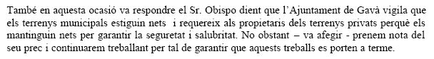 Resposta de l'Ajuntament de Gavà al prec del PPC de Gavà on es demanava una neteja de la brutícia acumulada al voltant del Camí de la Pava (25 de setembre de 2008)